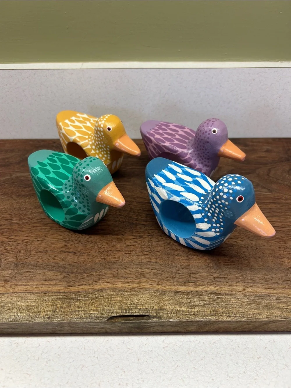 Hand-Painted Wooden Duck Napkin Ring set- Blue, Green, Yellow, Purple